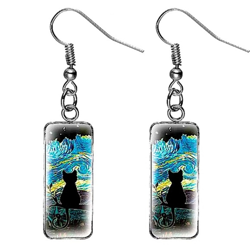 🎄🎁🎄Stary night black cat stainless steel drop earrings